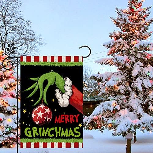 TAÇLI GÜZELLİK Grinch Noel Bahçe Bayrağı Merry Grinchmas Çift Taraflı Dikey 12×18 İnç Kış Rustik Çiftlik Dekor Mevsimsel Tatil