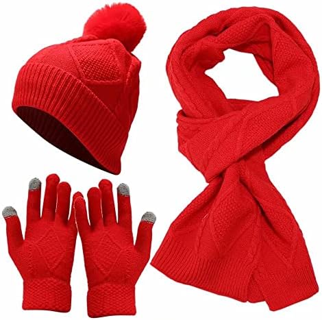 3 Adet Kış Bere Şapka, Eşarp ve Eldiven Seti Kadınlar için, Örgü Kış Hediye Seti