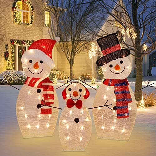 ATDAWN Önceden Aydınlatılmış Light Up kardan adam aile, 60 ışıkları Noel katlanabilir kardan adam açık dekorasyon, açık ışıklı