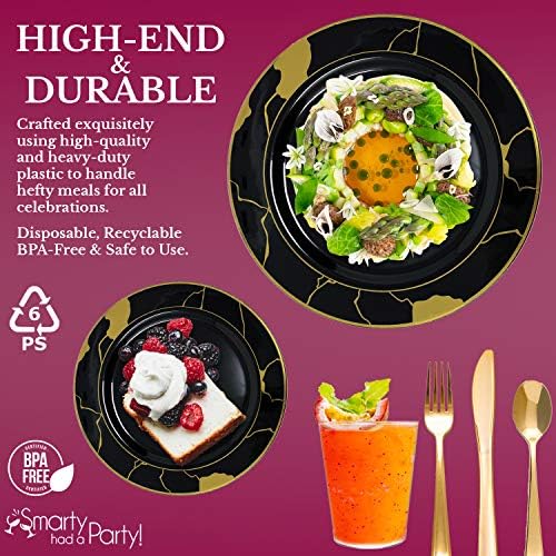 120 Misafir için Zarif Tek Kullanımlık Plastik Yemek Takımı Seti-Altın Mermer Jantlı Süslü Siyah Yemek Tabakları, Tatlı Salata