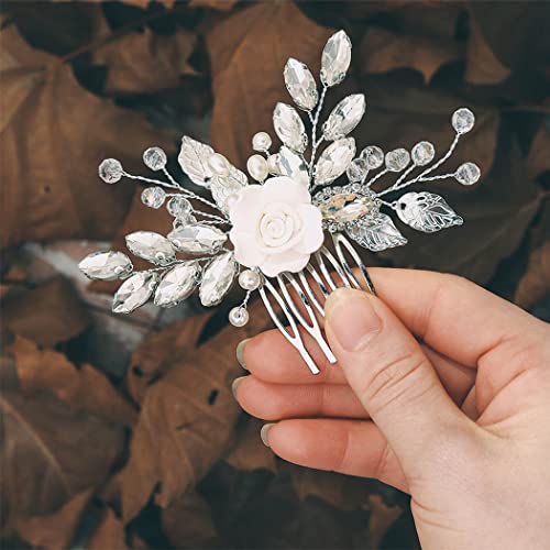 Unicra Gümüş Gelin Düğün Saç Tarak Çiçek Gelin Başlığı Kristal saç Aksesuarları Inci Yaprak Saç Parçası Takı Kadınlar ve Kızlar