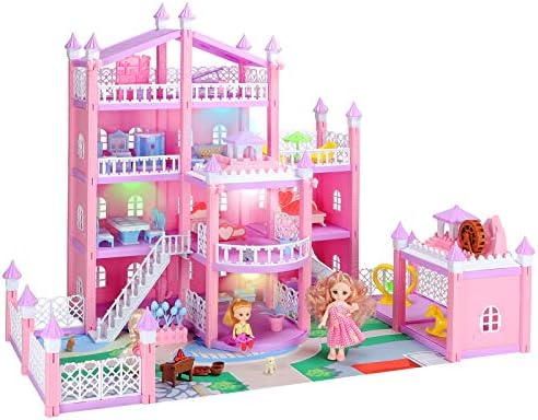 Dreamhouse, Dollhouse ile led ışık/4 Zeminler / 3 Bebek / mobilya Aksesuarları, DIY Oyna Pretend Bebek Evi ile Yatak Odası, mutfak,