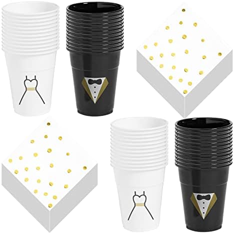 Düğün Parti Malzemeleri-Metalik Altın Nokta Peçeteli Siyah Beyaz Gelin ve Damat Plastik Bardaklar (48 Porsiyon)