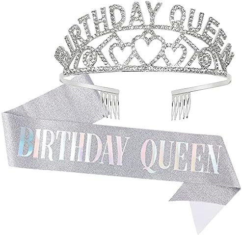 CAVETEE Gümüş Doğum Günü Kraliçe Taç ve Kanat - Rhinestone Doğum Günü Tiara ve Kanat Kadınlar için Doğum Günü Partisi Iyilik