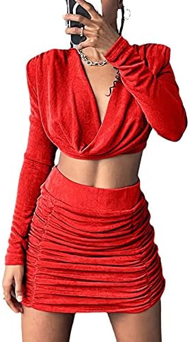 Kadın Dantelli Iki Parçalı Kıyafetler Etek Set Seksi Bodycon Kırpma Üst V Boyun Uzun Kollu Parti Kulübü Mini Elbise