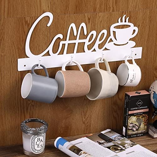 MyGift Duvara Monte Beyaz Metal Kahve Kupa Raf Tutucu ile 4 Kanca ve Kahve Yazı ve Fincan Kesme Tasarım