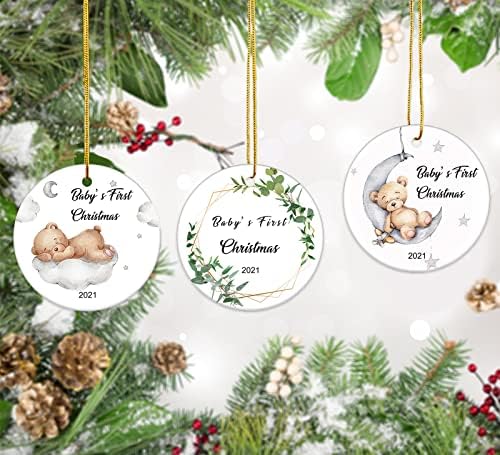 DINJIN Noel Süs Babys İlk Noel Süs 2021,Ayı Süs Noel,bebek Erkek / Kız İlk Noel Süsler için Noel Ağacı (Sarı ve Beyaz Ayı)
