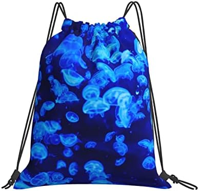 Mavi denizanası ipli sırt çantası, spor salonu Sackpack çanta Yoga spor yüzme seyahat plaj için