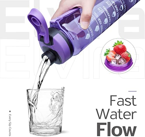 Elvıra 32 oz Büyük Su Şişesi ile Motivasyon Zaman İşaretleyici ve Çıkarılabilir Süzgeç, Hızlı Akış BPA Ücretsiz Toksik Olmayan