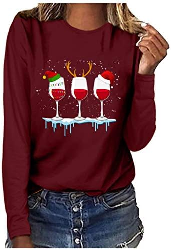 Bayan Noel Crewneck Kazak Artı Boyutu O Boyun Tee Gömlek Tops Moda Şarap Bardağı Baskı Bluzlar