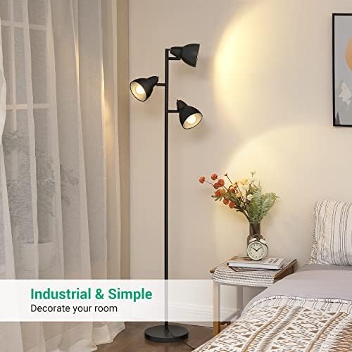 EDİSHİNE Endüstriyel Zemin Lambası, 3 Ayarlanabilir Döner Işıklı Ayaklı Lamba, Yatak Odası, Oturma Odası, Ofis, E26 Tabanı için