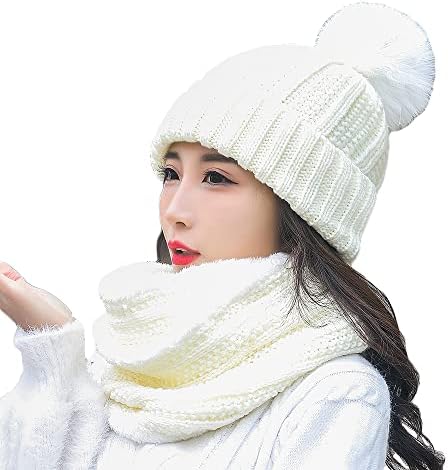 EZ-Joyce kadın Pom bere şapka eşarp Set kış sıcak Polar örgü kafatası Cap ile boyun atkısı uzatmak