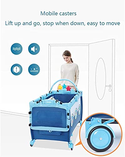 RSQJ Yan Uyku Başucu Beşik-Katlanabilir,Küçük ve Kullanışlı, Örgü Pencere Mobil Tekerlekler ile, Aile Açık Oyun Yatak Mavi için