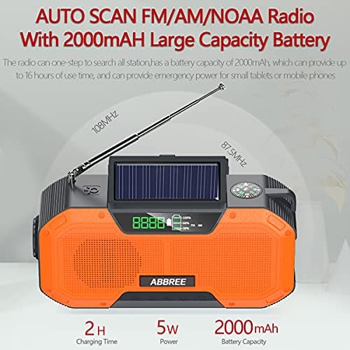 ABBREE Acil Güneş El Krank NOAA Acil Radyo 3-Ways Powered Otomatik Tarama AM / FM Radyo IPX5 Su Geçirmez ile 2000 mAh Güç Bankası,USB