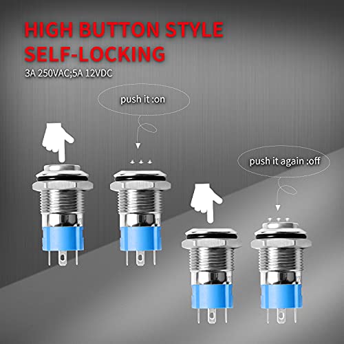 DaierTek 6 Pcs Mini Yuvarlak Su Geçirmez basmalı düğme anahtarı 12mm açık Kapalı Mandallama 1NO Buton Öz-Kilitleme ile Mavi LED