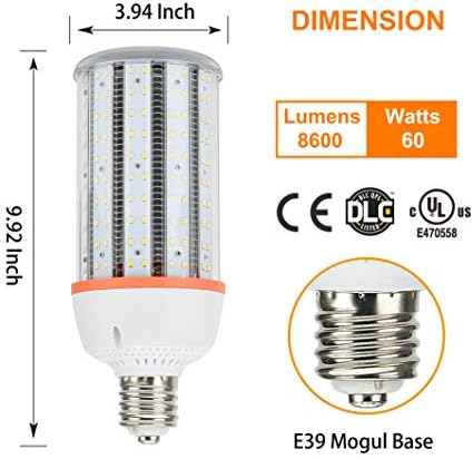 60 Watt LED Mısır Ampul 300 W Eşdeğer Büyük Moğol E39 Baz 8600 Lümen Sıcak Beyaz 3000 K IP64 Su Geçirmez Açık Kapalı alan aydınlatması