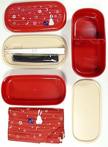 OSK Japon Geleneksel Tavşan Ay Bento kutusu Seti, İçerir 620 ml 2-Katmanlı Bento Kutusu, Çubuklarını, Bento Çantası, Kırmızı