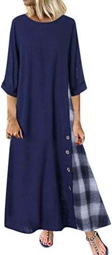 F_Gotal Kadın Artı Boyutu Rahat Elbise Yaz Patchwork 3/4 Kollu O-Boyun Düğmesi Yüksek Düşük Hem Uzun Maxi Gevşek Elbise