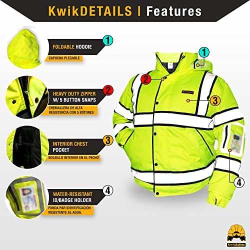 KwikSafety MAREŞAL Bombacı Güvenlik Ceketi Sınıf 3 Hi Görünürlük Suya Dayanıklı ANSI OSHA Sarı / Orta ila XXL