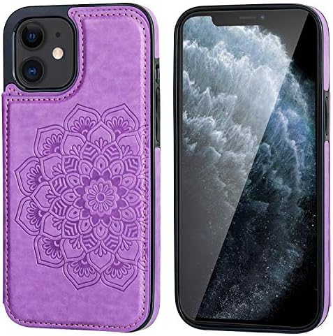 Vaburs iPhone 12 ve iPhone 12 Pro ile Uyumlu Kılıf Cüzdan Kart Tutucu, Kabartmalı Mandala Desen Çiçek PU Deri Çift Manyetik Düğmeler