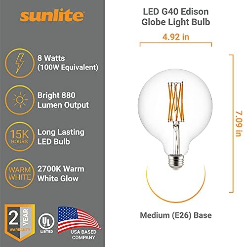 Sunlite 41073 LED G40 Edison Küre Ampul 8 Watt (100W Eşdeğeri), Standart E26 Taban, 880 Lümen, Kısılabilir, Dekoratif Şeffaf