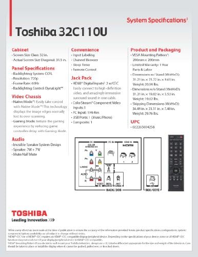 Toshiba 32C110U 32 inç 720p LCD HDTV, Siyah (2011 Model)