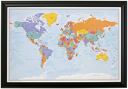 Siyah Çerçeveli ve İğneli Push Pin Dünya Seyahat Haritası-Mavi Okyanuslar-27,5 inç x 39,5 inç