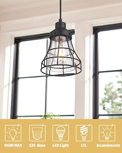 VİCNİE 1-Light Mini kolye ışık, çiftlik asılı ışık fikstür ile ayarlanabilir kabloları, seribaşı cam gölge, metal çerçeve, siyah