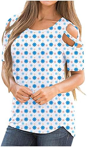 UNBRUVO Womens Gevşek Strappy Soğuk Omuz Temel T Shirt Grafik Baskı Tee Tops