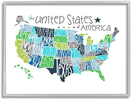 Stupell Industries Amerika Birleşik Devletleri Haritası Renkli Tipografi, Erica Billups tarafından Tasarlanan Gri Çerçeveli Duvar