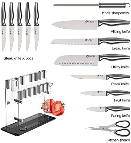 YİER Bıçak Setleri, 15 Parça Alman Yüksek Karbon Paslanmaz Çelik Hollow Kolu Kendini Bileme Mutfak Bıçak Seti ile Parmak Koruma