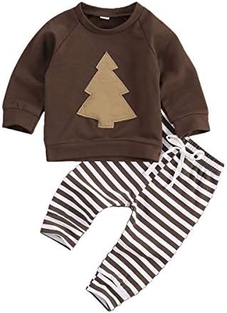 Yenidoğan Bebek Kız Erkek Noel Kıyafeti Uzun Kollu Noel Ağacı Kazak Üst Çizgili Pantolon Bebek Kız Pijama seti 2 Adet