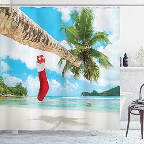 Ambesonne Noel Duş Perdesi, Bez Kumaş Hooks ile Banyo Dekor Set, tropikal Kumlu Plaj, 69 W x 84 L