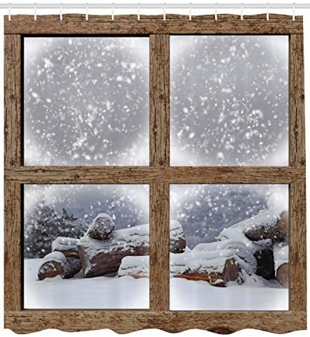 Ambesonne Kış Duş Perdesi, rustik Karlı Woodsy Çerçeve Pencere Görünümü Baskı Dağ Evi Soğuk Noel Günü, Bez Kumaş Banyo Dekor