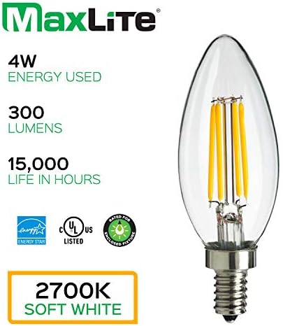 MaxLite Candelabra LED Avize Ampuller, 40W Eşdeğeri, Kapalı Fikstür Anma, 300 Lümen, Kısılabilir Filament Mum Ampuller, E12 Taban,