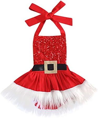 VİSGOGO Yenidoğan Bebek Kız Noel Romper Kolsuz Pullu Parti Prenses Tutu Halter Elbiseler 0-24 M