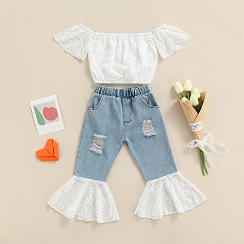 Toddler Bebek Kız Beyaz Dantel Üst Kot Kapalı Omuz Dantel Kırpma Üstleri T Shirt ve Flared Denim Pantolon Kıyafetler
