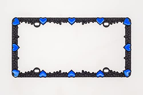 Creathome 3D Papatya Kalp Plaka Çerçevesi Saf Çinko Alaşımlı Metal Mükemmel Plaka Tutucu, Mavi Yansıtıcı Kalpli Mat Siyah Papatya