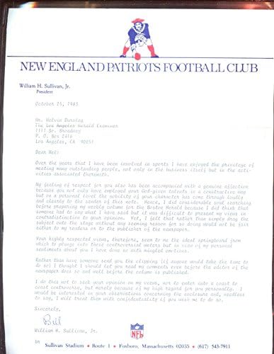 1983 NFL Futbolu New England Patriots Mektubu William H Sullivan Jr. tarafından İmzalandı - NFL İmzalı Çeşitli Eşyalar