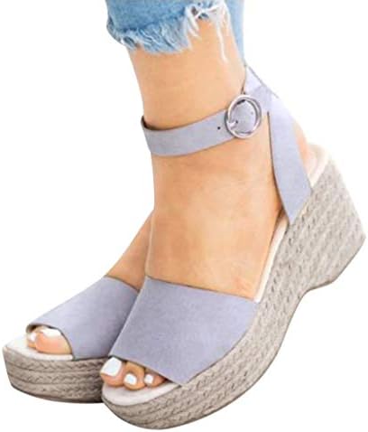 Kadın yaz sandalet Espadrille kama sandalet burnu açık toka kayış düz renk sandalet