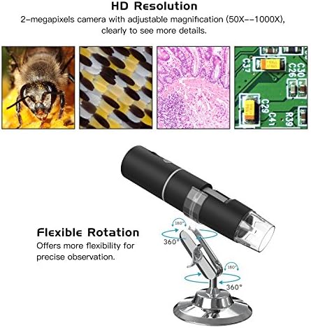 MoKo WiFi USB Dijital Mikroskop, 1080P HD 2MP Kamera, 50x ila 1000x Büyütme Mini Cep El Kablosuz Endoskop 8 LED, Metal Stand