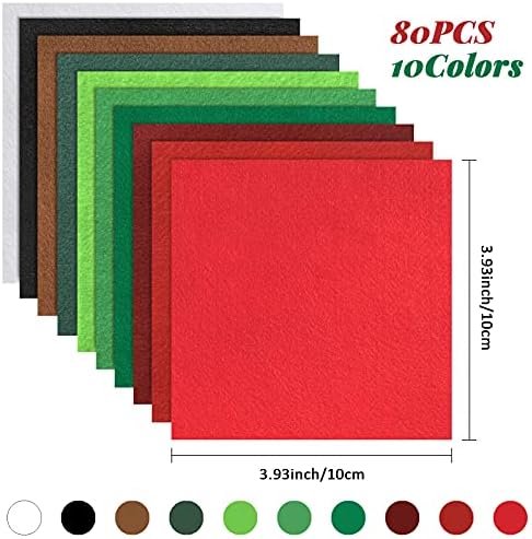 Pllıeay 80 Parça Noel Keçe Kumaş Levhalar, 4x4 İnç Çeşitli Renkler Keçe Levhalar, DIY Craft Christams Süslemeleri için, 10 Renkler