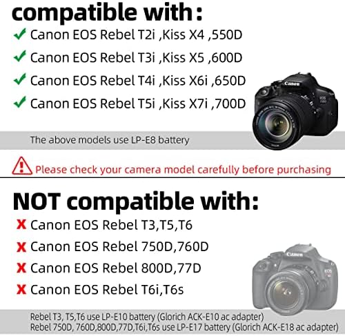 Glorich ACK-E8 Yedek AC Güç Adaptörü/Şarj kiti Canon EOS Rebel T5i / T4i / T3i / T2i / 700D / 650D / 600D / 550D / Öpücük X6