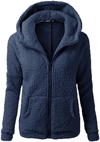 Andongnywell kadın Zip Up Faux Shearlıng Kabarık Kapşonlu Kırpılmış Teddy Ceket Kuzu Yün Rahat Ceket (Mavi, X-Large)
