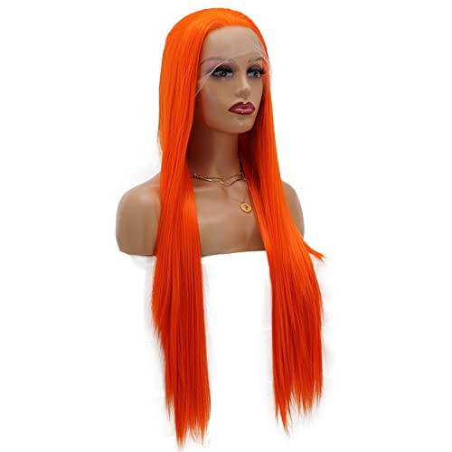 Turuncu Dantel Ön peruk Gerçekçi uzun ipeksi Düz kızıl Saç peruk Sentetik Pastel Renkli Turuncu Peruk Kadınlar için Tutkalsız