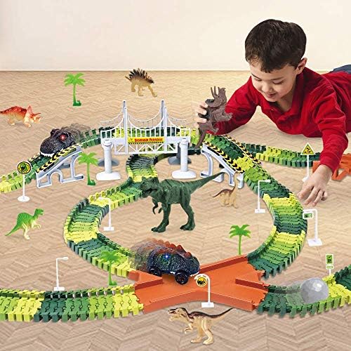 Dinozor Parça Oyuncak Seti 305 Parça, 264 Esnek Parça ile Dinozor Araba Yarış Pisti Oyuncak, 2 LED ışık Up Dinozor Arabalar,