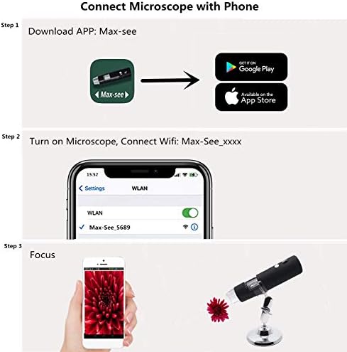 Istemi Kablosuz Mikroskop USB Mikroskop 50X için 1000X8 led ışık mikroskop için iPhone, PC, Android Smartphone (Siyah) (Siyah)
