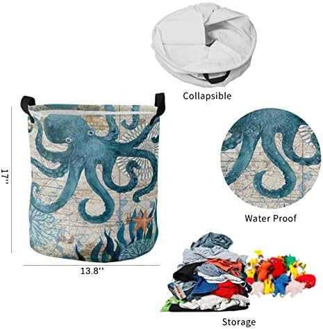 Sualtı Dünyası Ahtapot Deniz Yaşamı Oxford Kumaş Çamaşır Sepetleri, Yatak Odası, Çamaşır ve Banyo için Retro Doğal Hat Çamaşır