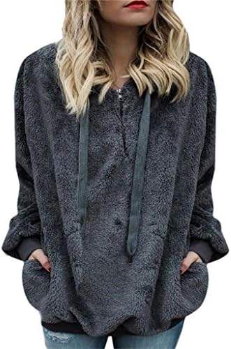 Kadınlar için siyah bluzlar kadın kapüşonlu Sweatshirt ceket kış sıcak yün fermuar cepler pamuk ceket dış giyim