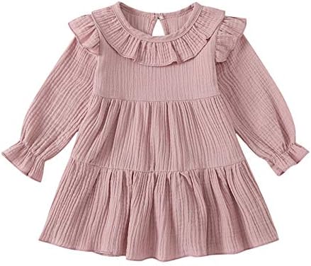 YUIQ Toddler Bebek Kız Pamuk Keten Fırfır Elbise Yuvarlak Yaka Uzun Kollu Yüksek Bel Düğmeleri Katmanlı Fırfır Etek